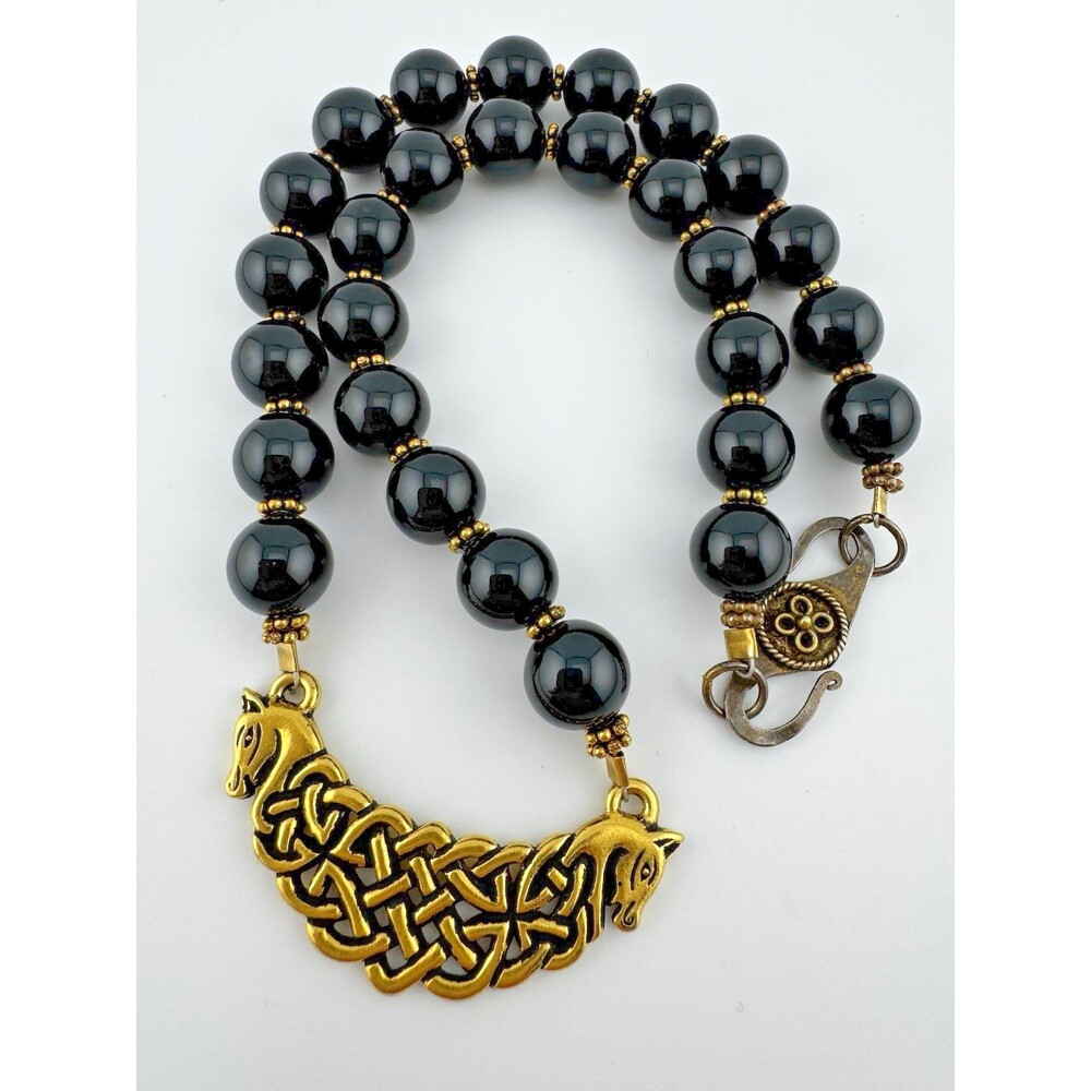 Black Onyx Celtic Horse Necklace Sterling Silver Clasp Artisan Gold Tone Beads